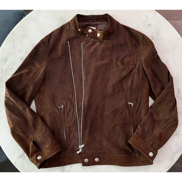 $8900 Brunello Cucinelli Suede Brown Biker Jacket Men Size Large - Picture 1 of 16